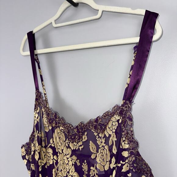 Cacique Chemise Nighty Size 26/28 Purple Gold Floral Lace Semi-Sheer Negligee - Picture 2 of 10